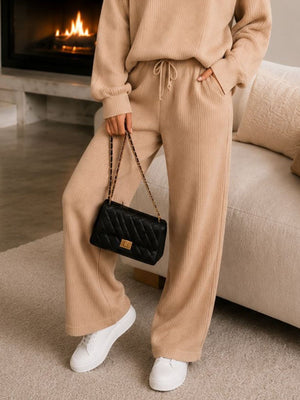 lounge set in Tan with collared and long sleeve