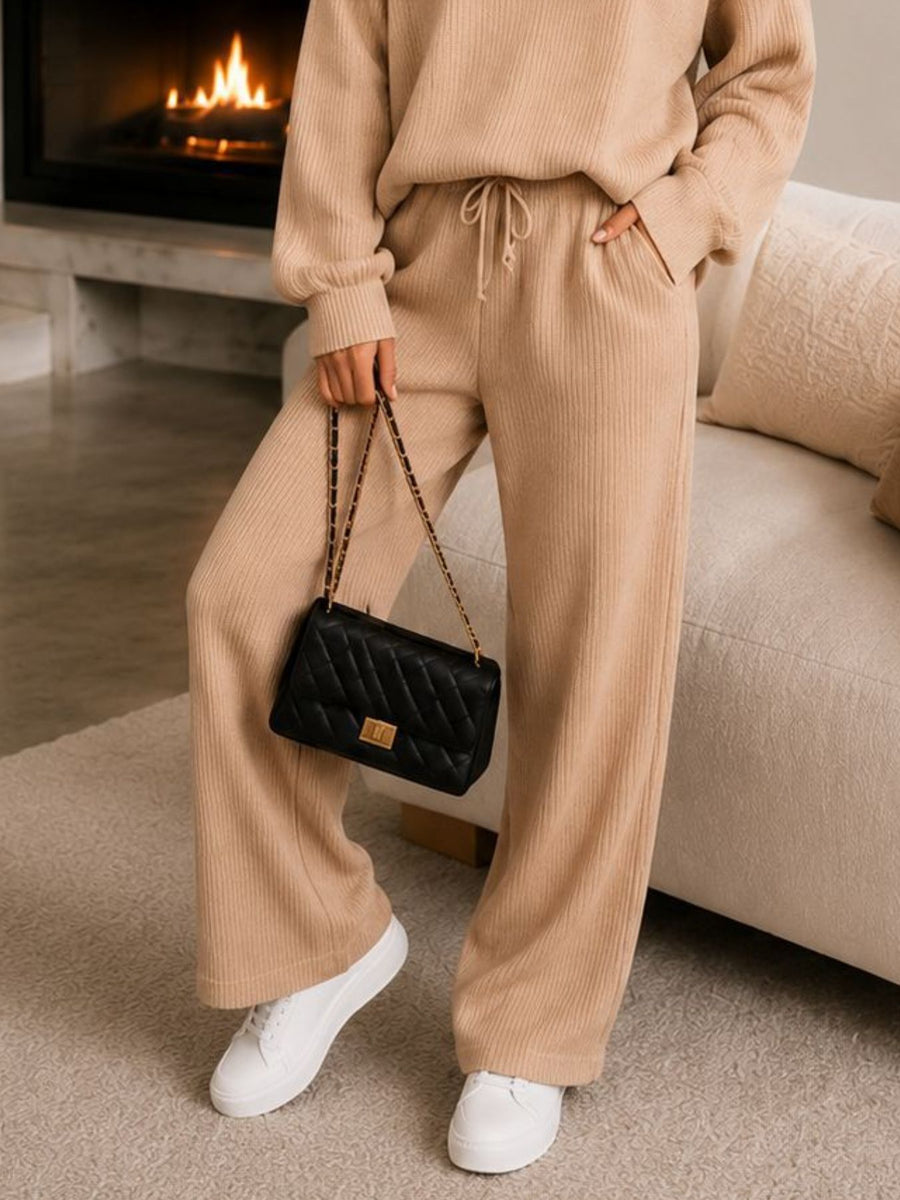 lounge set in Tan with collared and long sleeve