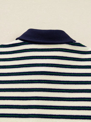 Striped polo top with navy contrast collar and zipper detail