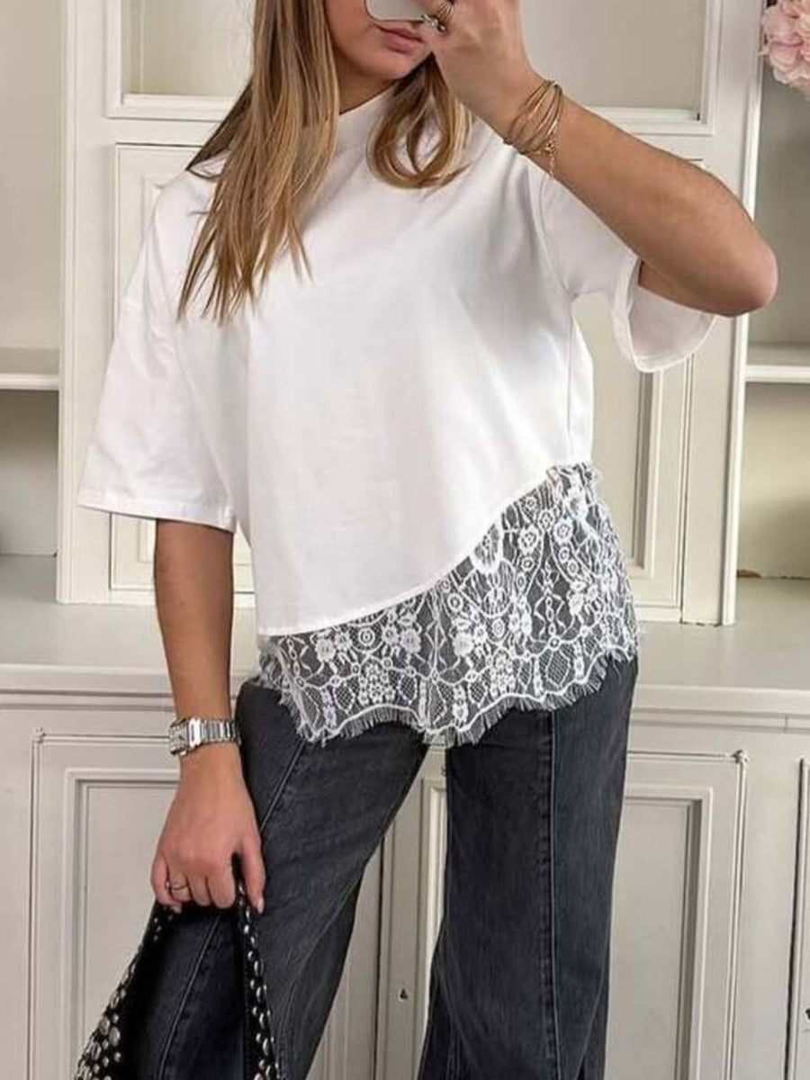 White t-shirt featuring lace hem and floral-lace