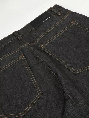 dark wash denim jeans with full-length and button-front