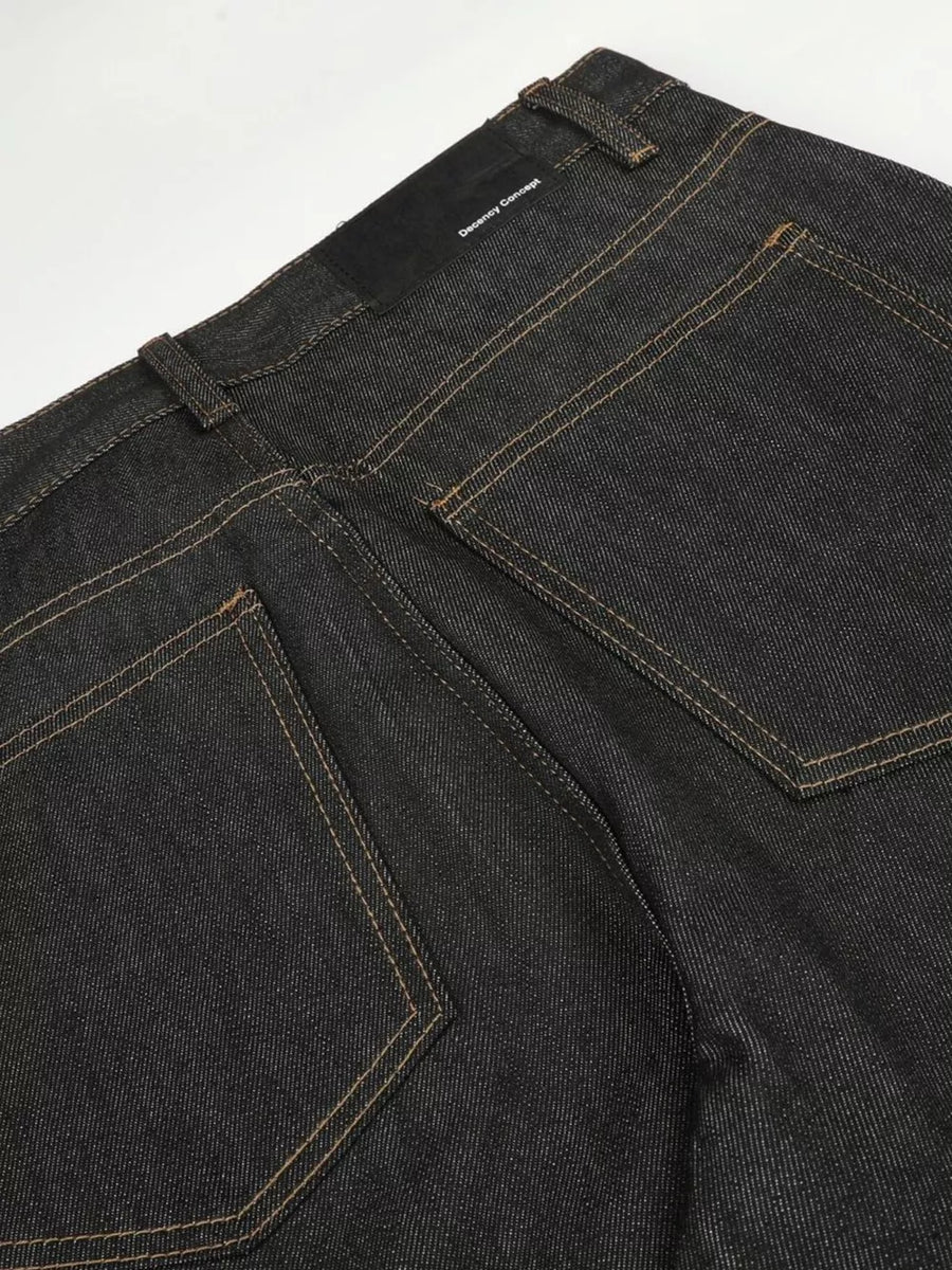 dark wash denim jeans with full-length and button-front