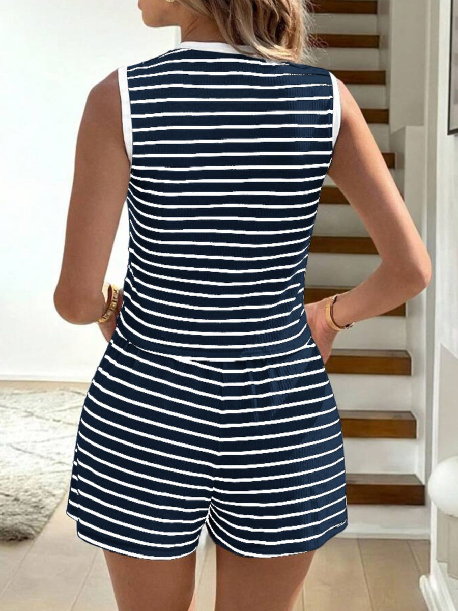 Navy and white striped knit tie-front top and shorts set, sleeveless with white trim