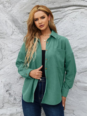 Peacock Green corduroy button-up shirt with chest pocket, long sleeves, and classic collar.