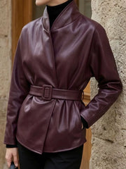 burgundy leather jacket with hip-length and wrap
