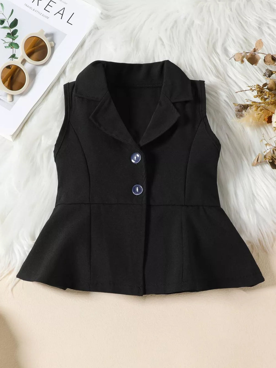 Black sleeveless peplum blazer with collar and two buttons.