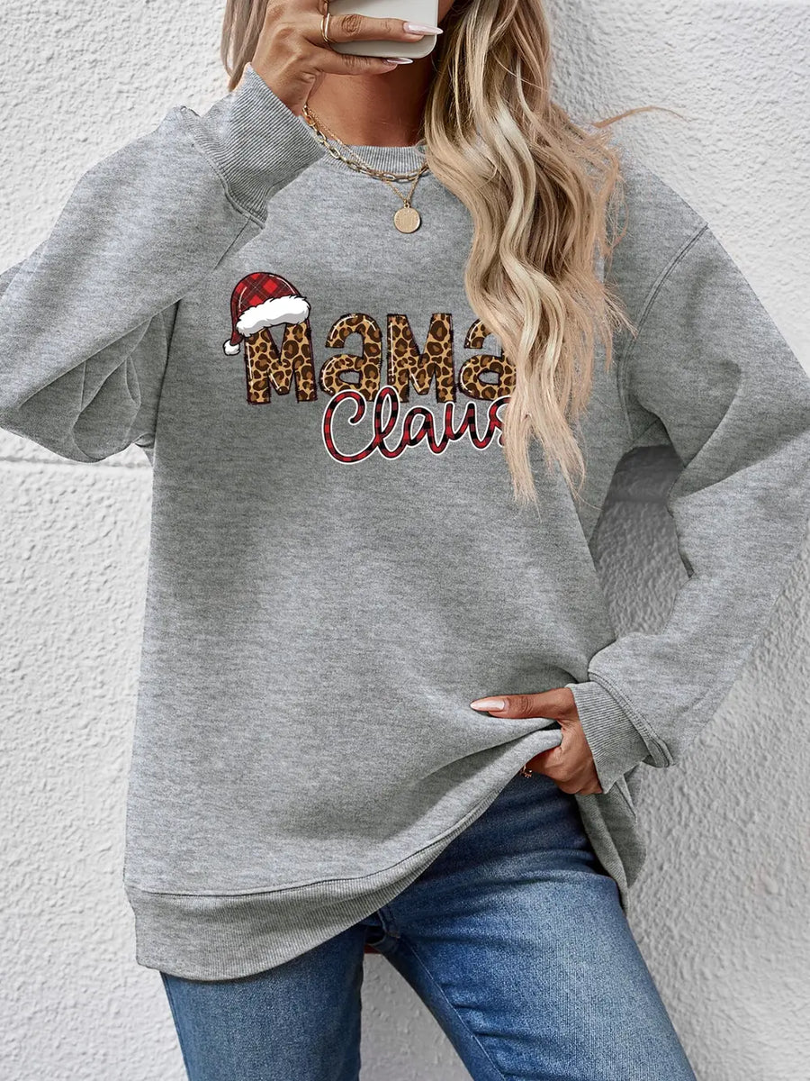 Gray crewneck sweatshirt with Mama Claus leopard print and Santa hat graphic