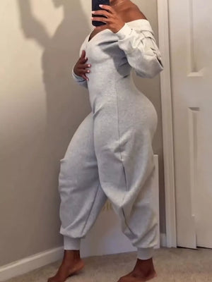 athleisure jumpsuit in light gray with off-shoulder