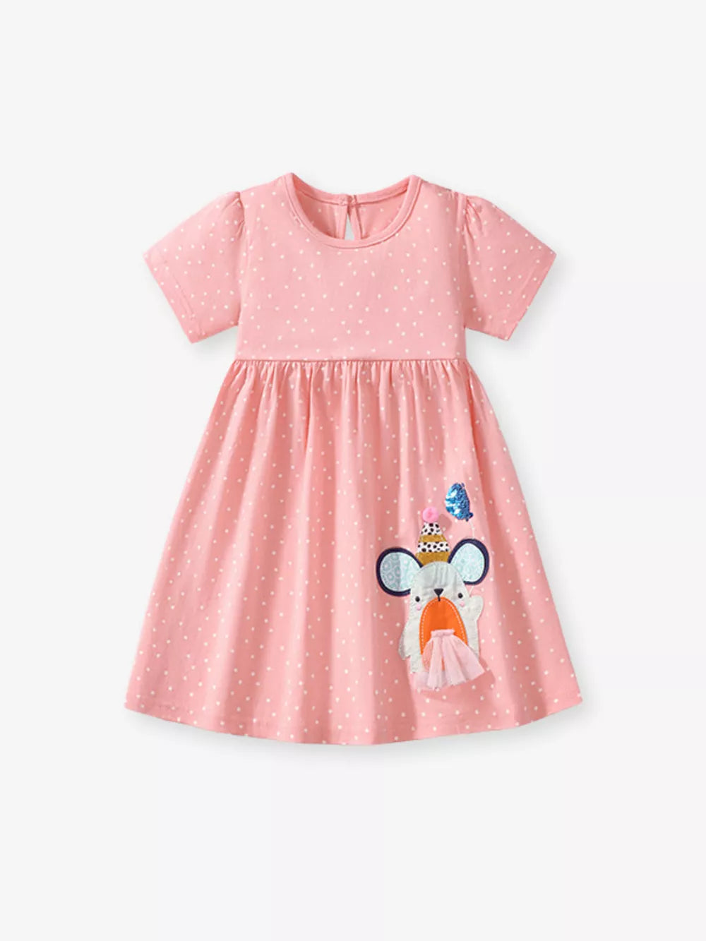 Blush pink polka dot toddler dress with a cartoon mouse applique and short puff sleeves.