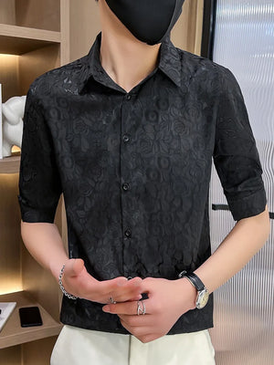 Black floral jacquard men's short sleeve button-up shirt with spread collar.