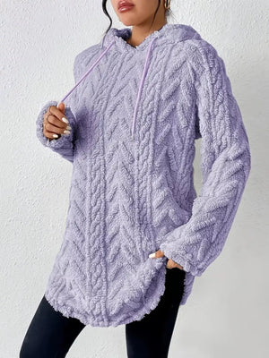 Purple textured drawstring fleece hoodie with cable knit pattern and kangaroo pocket.