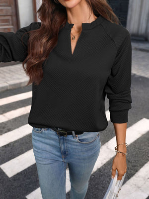 Textured Notched Long Sleeve Sweatshirt in Apricot with stretch