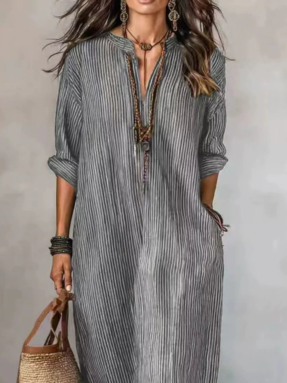 maxi dress featuring striped in off-white with 100% polyester Care instructions: Machine wash cold texture