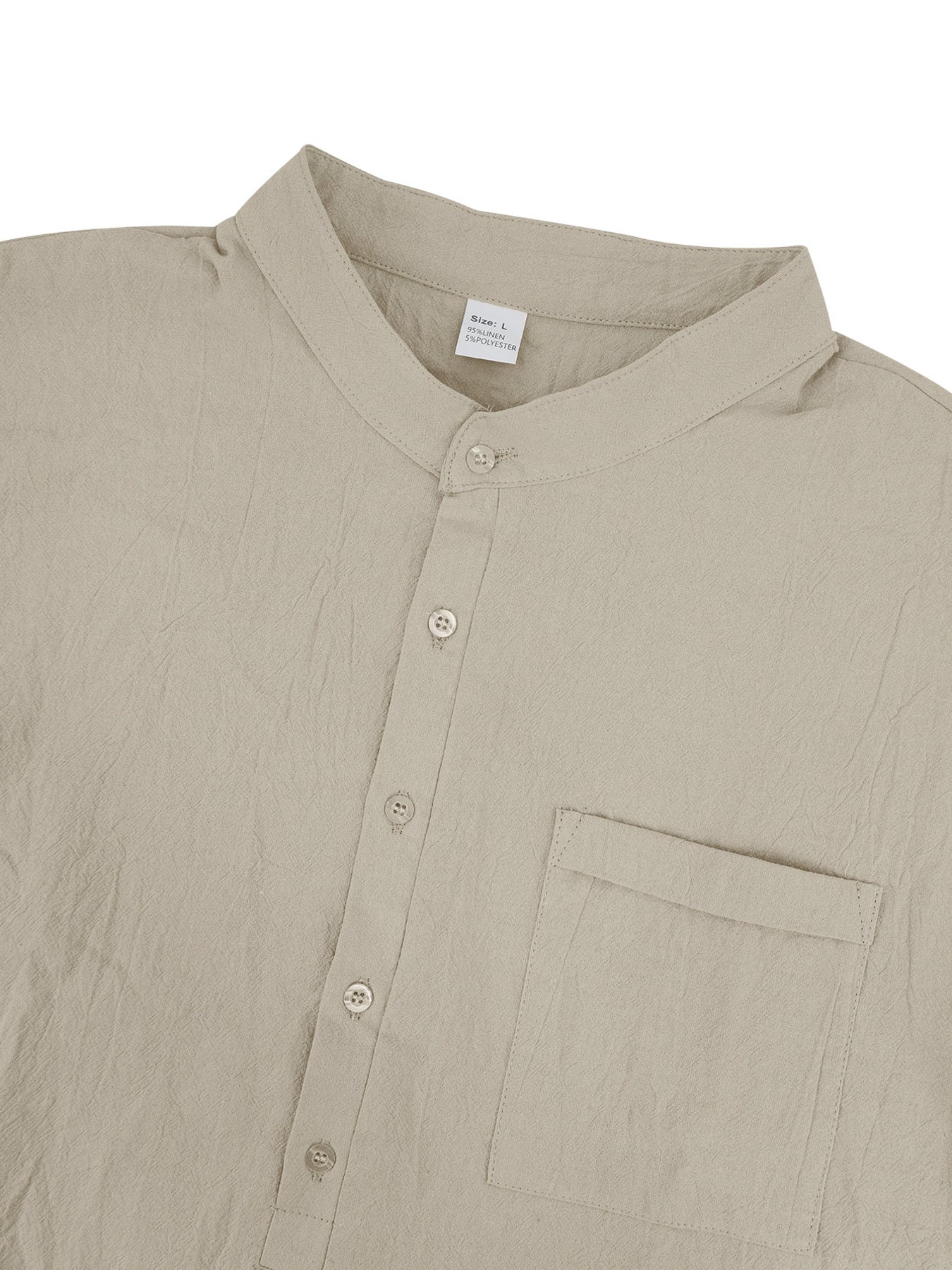 Khaki cotton band-collar button-down shirt with chest pocket