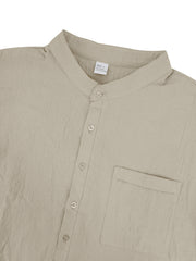 Khaki cotton band-collar button-down shirt with chest pocket