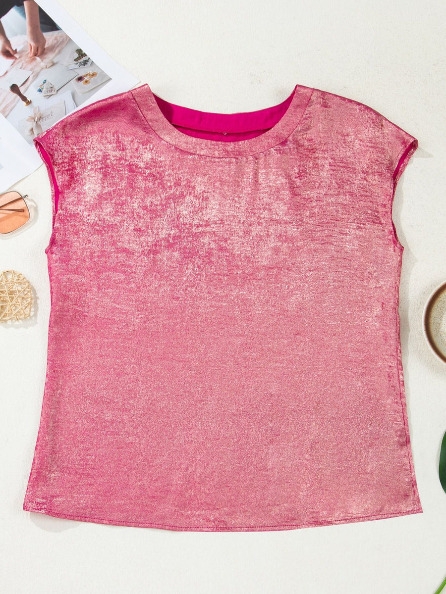 Metallic hot pink cap sleeve round neck tee with textured finish