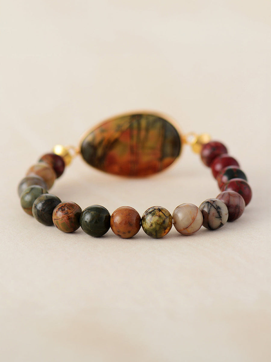 Prismatic bead and stone bracelet with multicolor agate and amethyst stones.