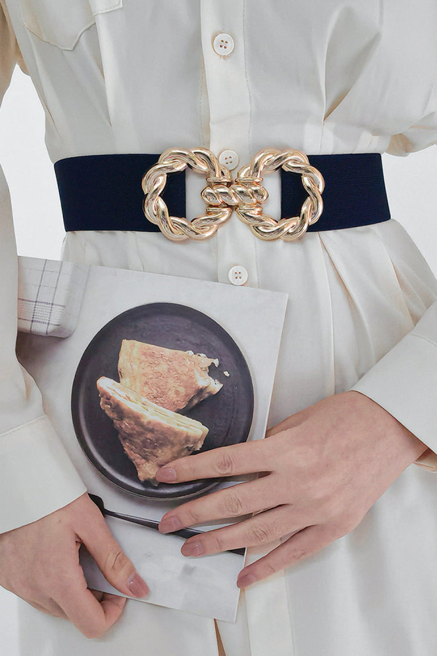 Dark blue braided stretch belt with gold alloy interlocking knot buckle.