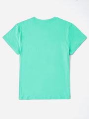 Aqua t-shirt with iridescent heart and cross appliqué detail on front.