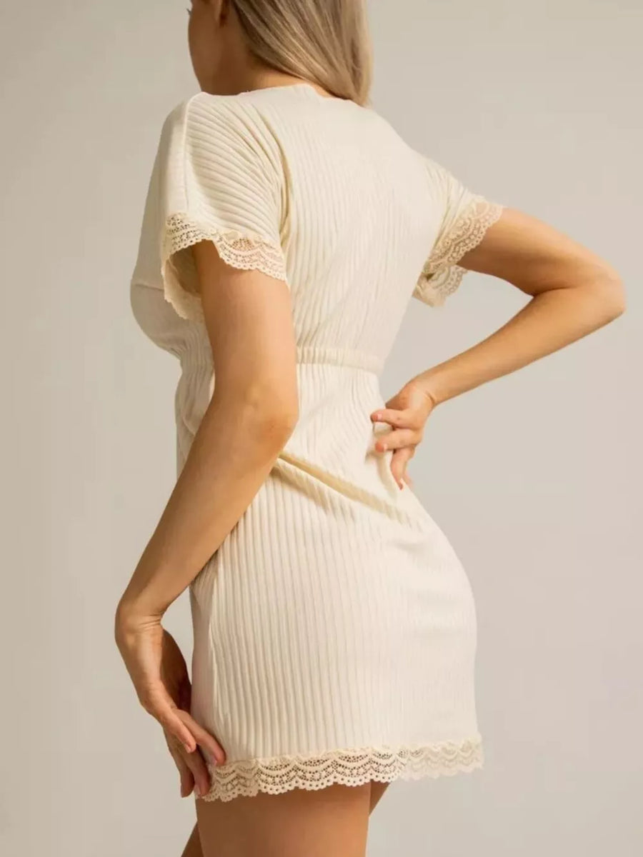 Ribbed Lace-trim V-neck Mini Dress Plus Size in Apricot