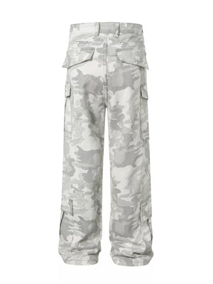 Men's utility cargo pants in light grey camouflage pattern with multiple pockets.