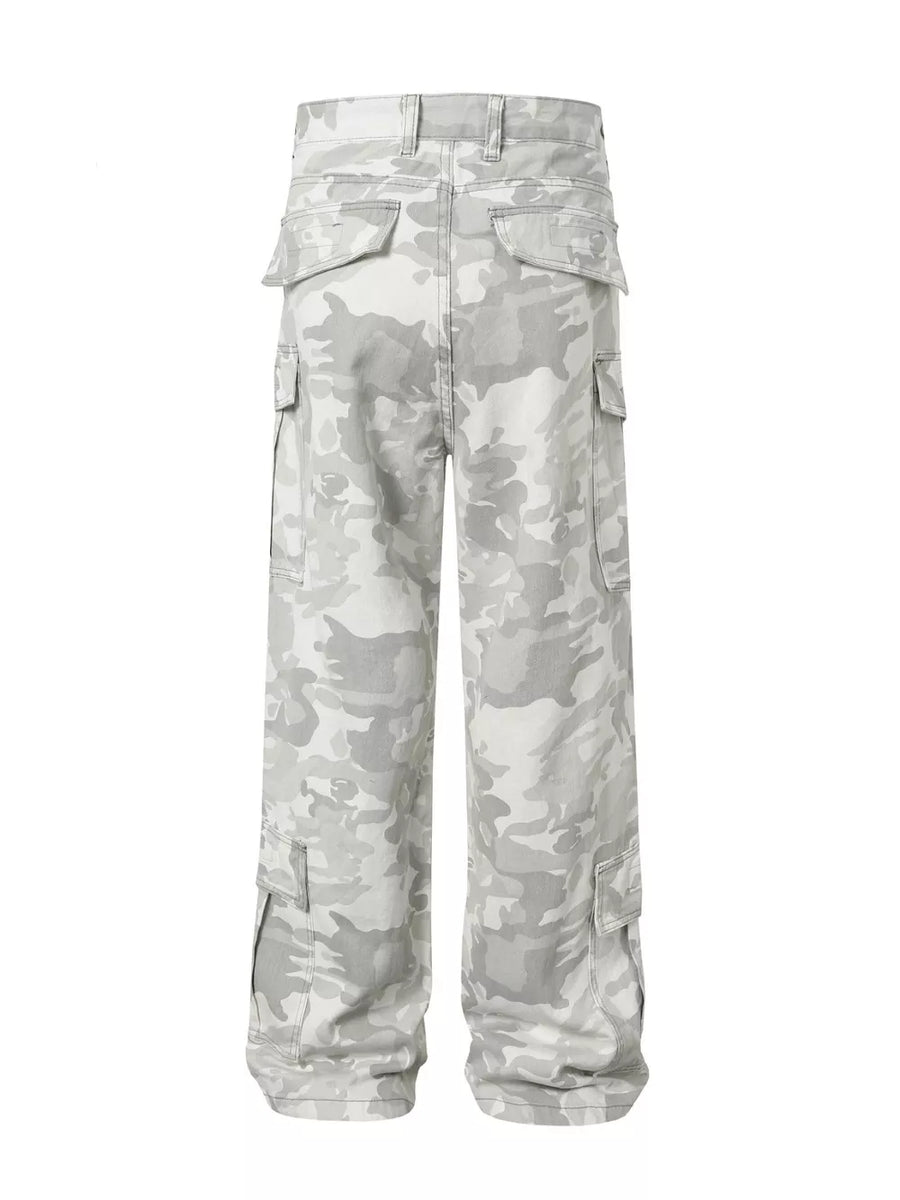 Men's utility cargo pants in light grey camouflage pattern with multiple pockets.