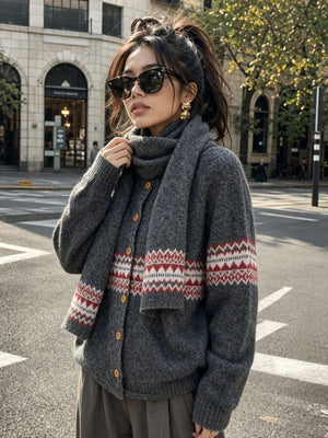 light gray cardigan with hip-length and button-front