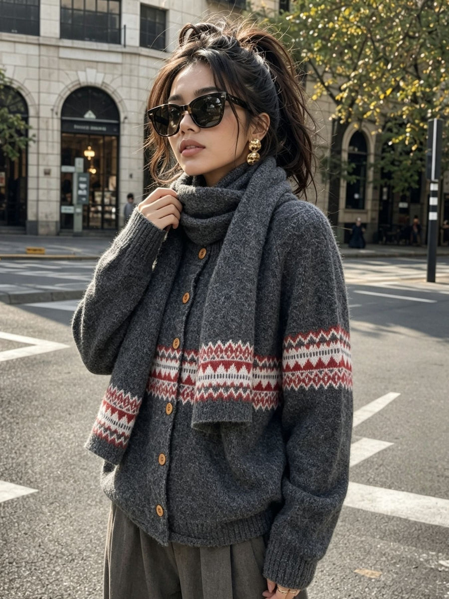 light gray cardigan with hip-length and button-front