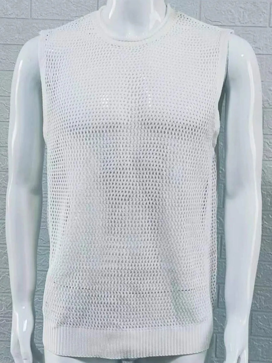 White open-knit sleeveless crewneck tank top with a relaxed fit.