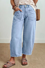 light blue wide-leg jeans with cropped and button-front, zip-front