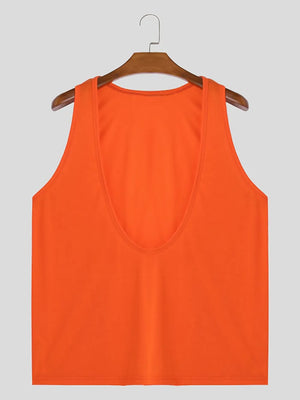 Orange deep plunge tank top with a wide neckline and sleeveless design.