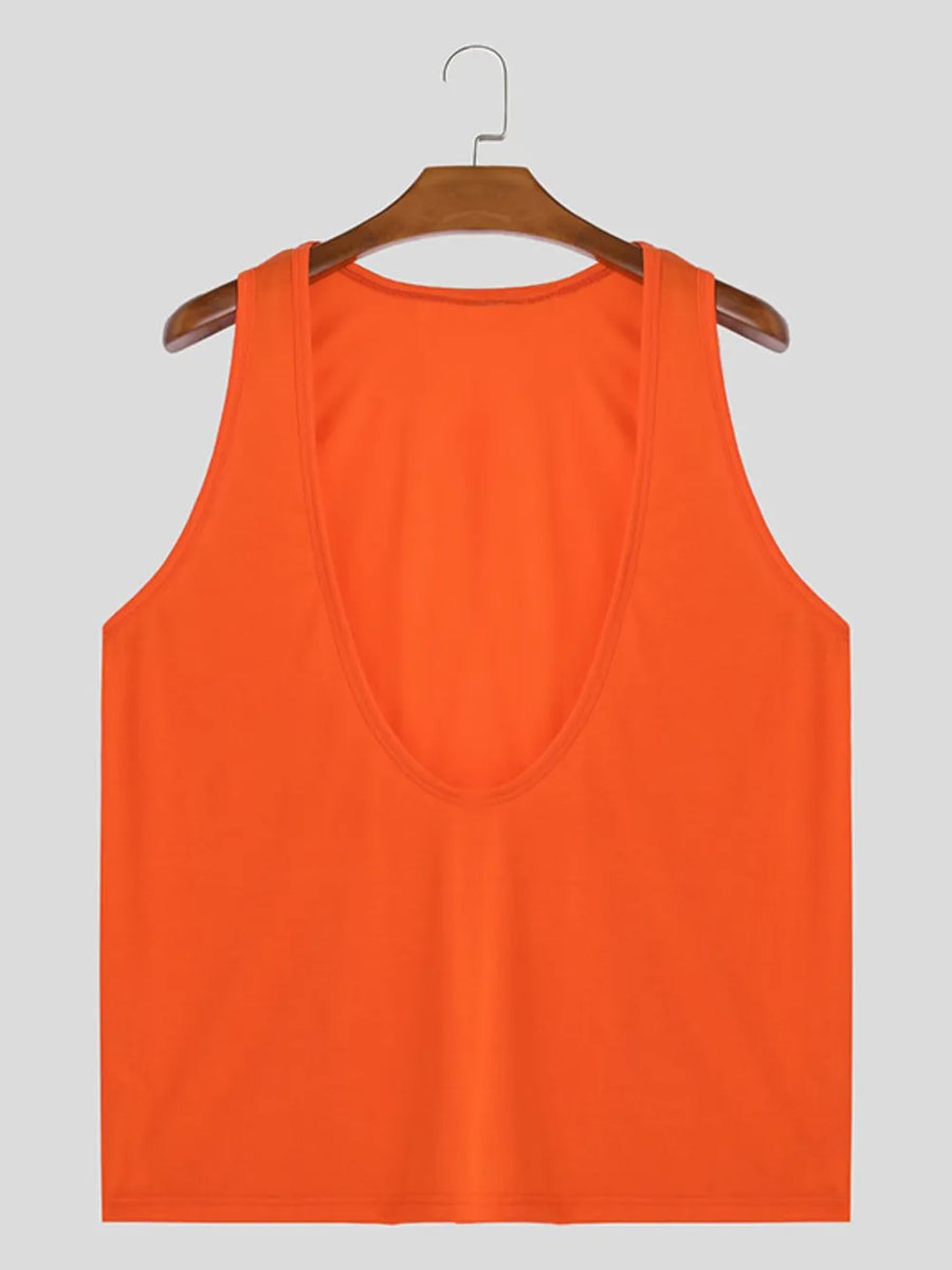 Orange deep plunge tank top with a wide neckline and sleeveless design.