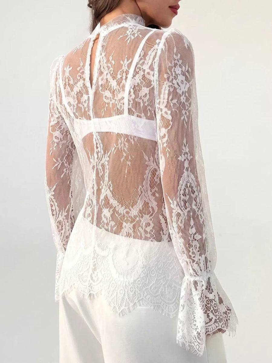 Brown with Lace Flounce Sleeve Top