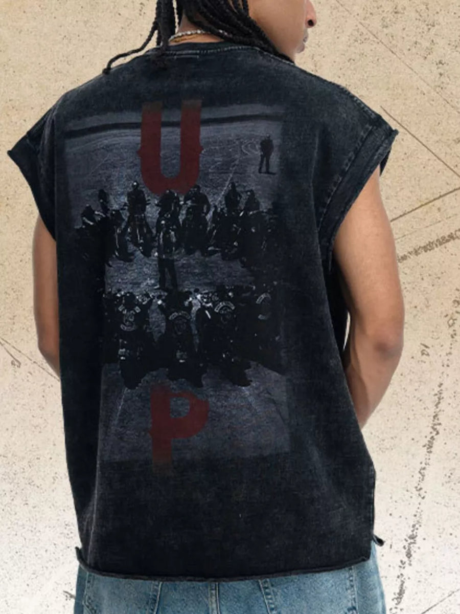 Men's dark gray acid-wash graphic tank top with distressed details and raw hem.