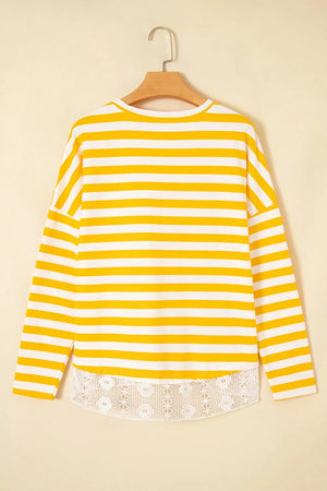 Striped Lace Patchwork V Neck Long Sleeve Shirt option 4