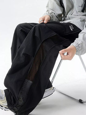 Black cargo sweatpants with mesh side panels and adjustable waist.