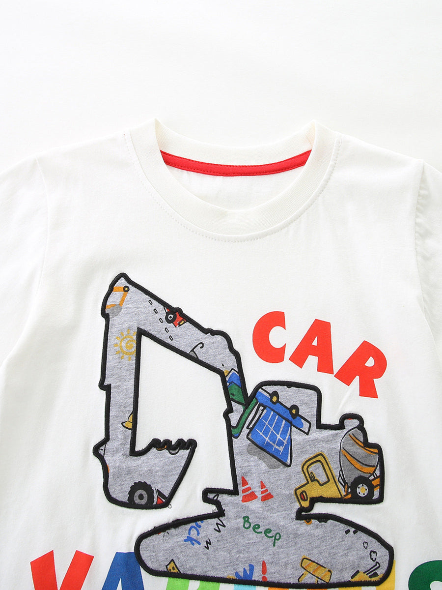 White toddler tee with playful excavator print and red neck trim.