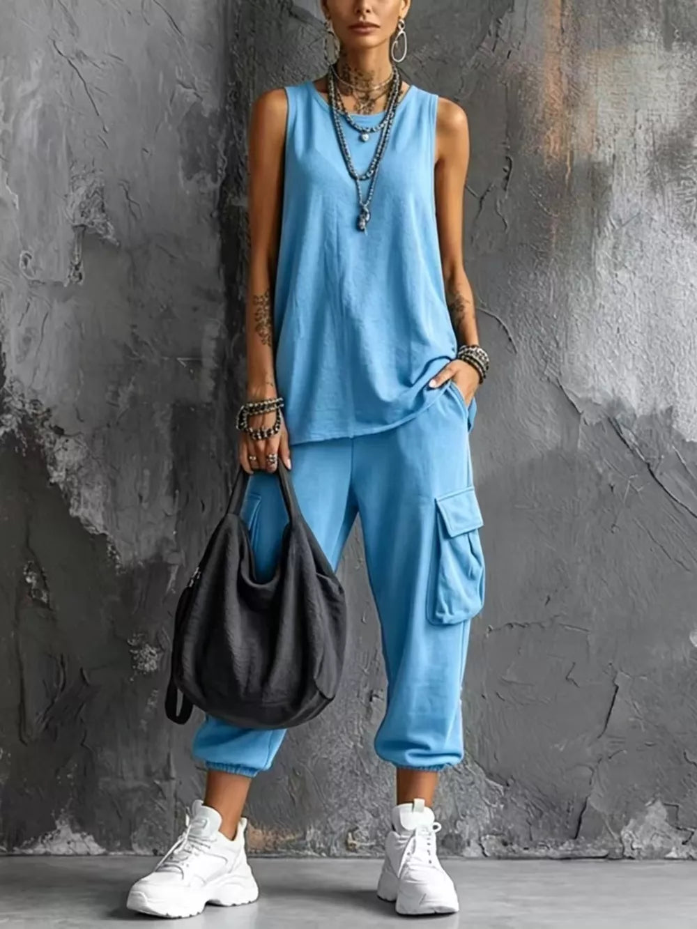 Casual Tank And Cargo Pants Set Plus Size in Navy Blue