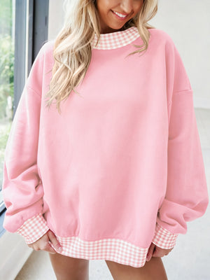 Gingham Trim Dropped Shoulder Sweatshirt in Blush Pink with dropped shoulder