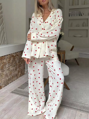 Heart Print Long Sleeve Top And Pants Lounge Set in Apricot