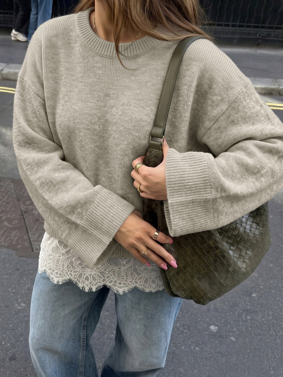 100% polyester Care instructions: Machine wash cold crewneck sweater in taupe with relaxed silhouette