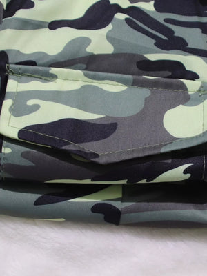 Cargo pants in a light green, grey, and black camouflage pattern with a flap pocket.