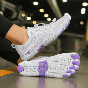 White mesh barefoot water shoes with purple geometric pattern and sole.