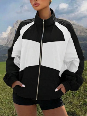 black windbreaker with color-block and collared
