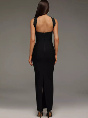 100% polyester Care instructions: Machine wash cold maxi dress in Black with fitted silhouette