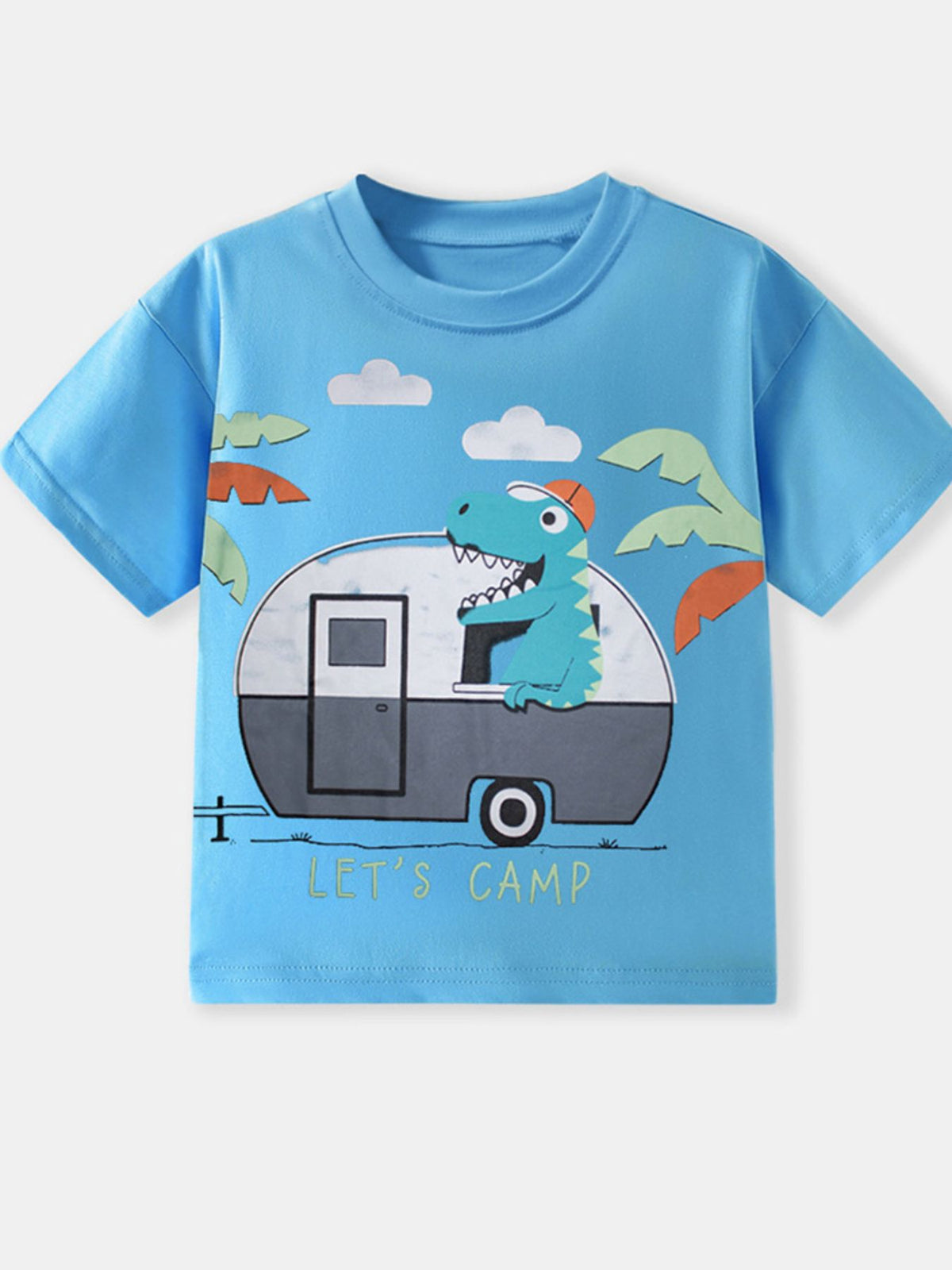 Blue toddler t-shirt with dinosaur graphic, camper, and "Let's Camp" text.