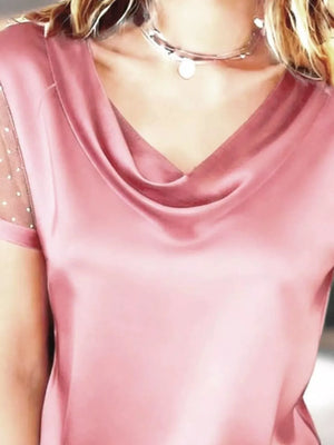 Pink cowl neck blouse with sheer dotted sleeves