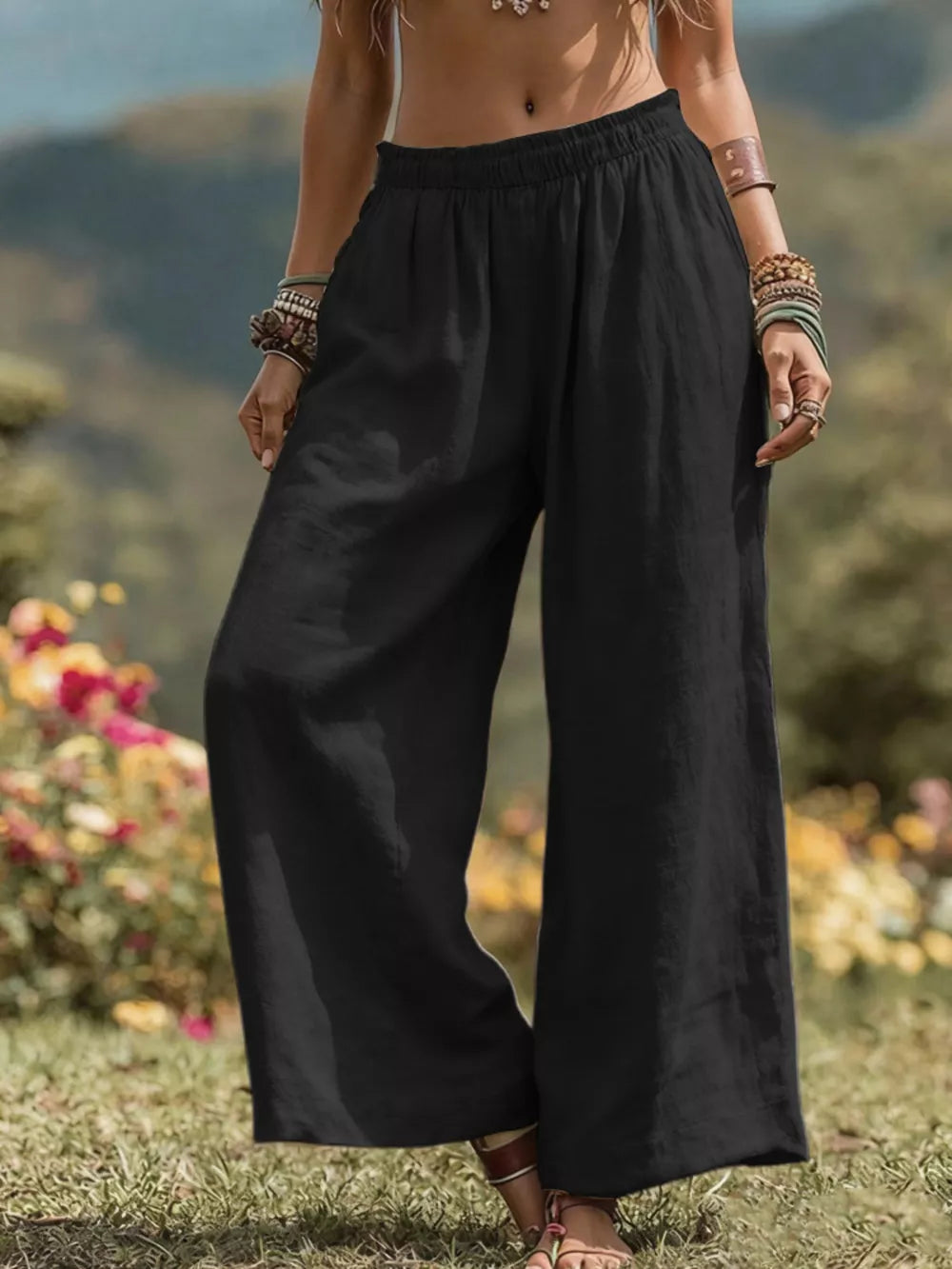 Full Size Bohemian Wide-leg Pants Plus Size in Blue