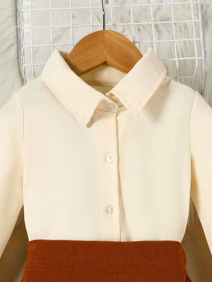 Toddler cream button-up shirt with brown corduroy skort detail
