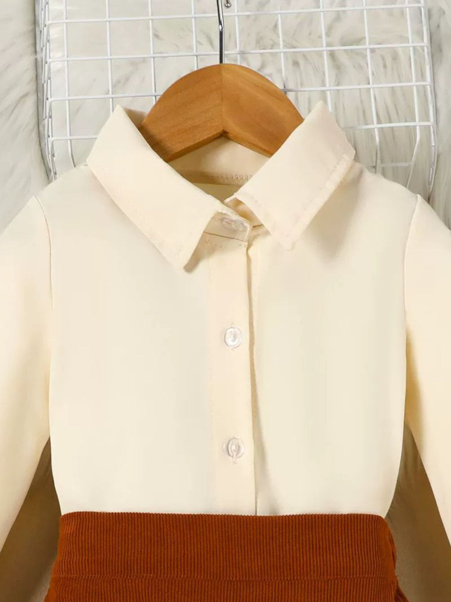 Toddler cream button-up shirt with brown corduroy skort detail